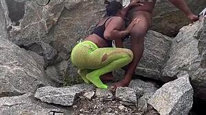 Milf Seduced the Tourist Guard, Bent Over for Bisexual Fucking on the Rock