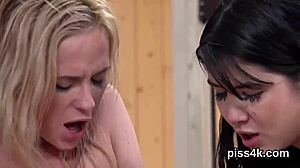 Sensual lesbian nymphos covered in pee squirt from wet pussies