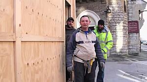 sexy girl pisses on construction site, flashes tits to workers