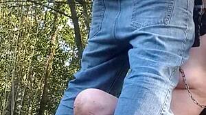 European whore bent over for blowjob and doggystyle in forest exhibition