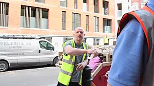 sexy girl pisses on construction site, flashes tits to workers