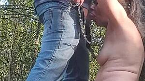 European whore bent over for blowjob and doggystyle in forest exhibition