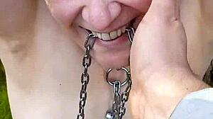 European whore bent over for blowjob and doggystyle in forest exhibition