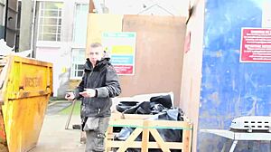 sexy girl pisses on construction site, flashes tits to workers