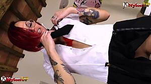 Tattooed collage girl in pantyhose masturbates with dildo