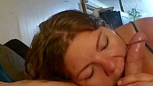 Casually, the couple enjoys a quick eagle blowjob with panties aside and cum in mouth.