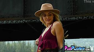 Sweet blonde musician Anna Katarina poses outdoor, exposing her beautiful natural body.