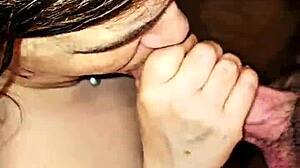 I give blowjob to big cock and he cums on my tits!