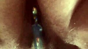 I masturbate with glass dildo on my hairy pussy close up