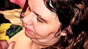 I give blowjob to big cock and he cums on my tits!