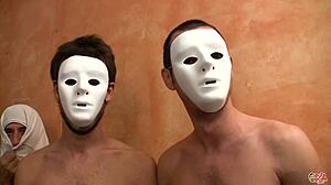 two hot spanish girls sucking cocks and swallowing cum in bukkake