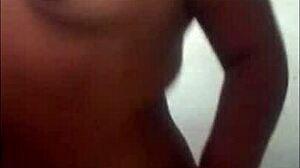 Pregnant latina masturbates while watching voyeur cum on her big tits.