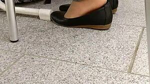 Shoeplay And Dipping In Tan Nylons And Flats