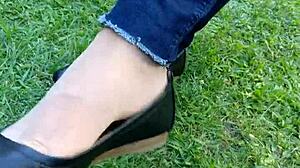 Shoeplay And Dipping In Tan Nylons And Flats