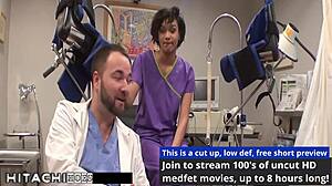 tanned brunette nurse jackie banes with short hair gives patient hitachi orgasm using toys in hospital setting