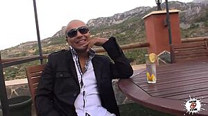 The whore bitch and her master engage in outdoor blowjob and cumshot