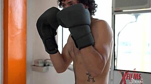 hot latina women suck the boxing coach's big cock in the gym