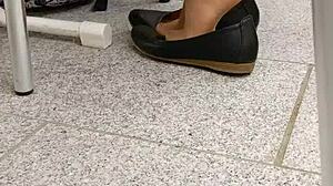 Shoeplay And Dipping In Tan Nylons And Flats