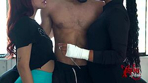 hot latina women suck the boxing coach's big cock in the gym