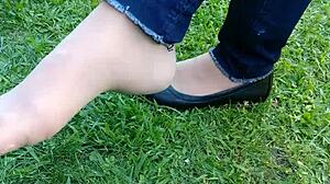 Shoeplay And Dipping In Tan Nylons And Flats