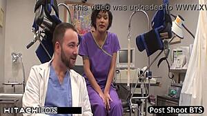 tanned brunette nurse jackie banes with short hair gives patient hitachi orgasm using toys in hospital setting