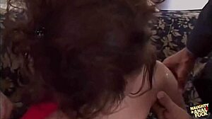 Amazing MILF in red stockings gets hardcore double penetration in foursome