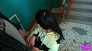 Risky blowjob on public staircase with girlfriend