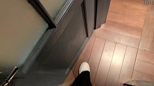 Horny Brunette Slut Jerks Off In Nightclub Toilet Wearing Lingerie