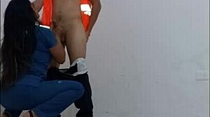 Nurse seduces cleaning employee for standing sex in hallways?