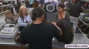 Couple lesbians pounded by pawn keeper in storage room 😍