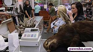 Couple lesbians pounded by pawn keeper in storage room 😍