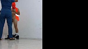 Nurse seduces cleaning employee for standing sex in hallways?