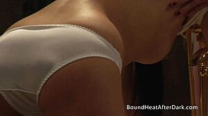 This hot lesbian maid fingering herself passionately orgasms in bdsm scene