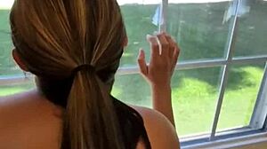 The dirty wife is masturbating backstage and gets a huge facial.