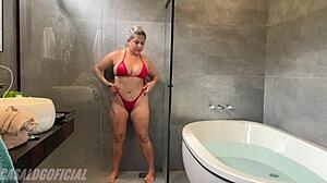 Wife in bedroom gets submissive with bisexual kiss.