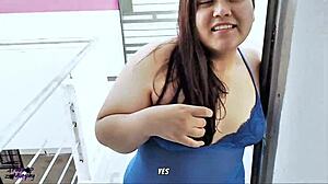 My bored neighbor gives a free blowjob in the hallway and on the balcony, it's so horny and outdoor