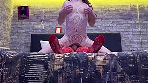 Stepsister passionately fucks her bitch friend in the hotel, licking her big natural tits.