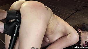 brunette in hogtie suspension gets vibed in bdsm bondage session