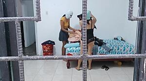 Horny housewives touch buttocks and tits while doing housework.