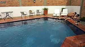 on vacation, mature brunette does deepthroat and rimjob with young step-nephew!