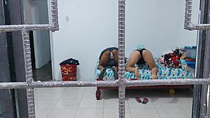 Horny housewives touch buttocks and tits while doing housework.