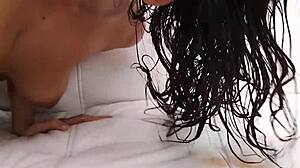 Kiesha Grey takes big cock in oiled asshole while toy fucks trimmed pussy.