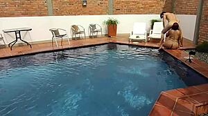 on vacation, mature brunette does deepthroat and rimjob with young step-nephew!