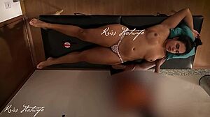 Watch the slutty wife tease the masseuse with her exposed tits and stuffed pussy!