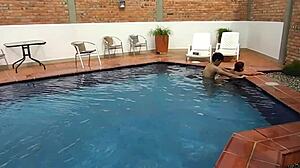 on vacation, mature brunette does deepthroat and rimjob with young step-nephew!