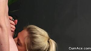 Flirty centerfold gets cumshot on her face swallowing all the cum.