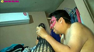 Mexican milf in lingerie gives footjob with high heels