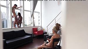 Jasminy Villar takes two huge white cocks in her ebony ass and mouth!