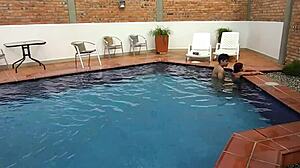 on vacation, mature brunette does deepthroat and rimjob with young step-nephew!