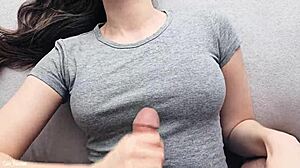 Hot cumshot on gray t-shirt
